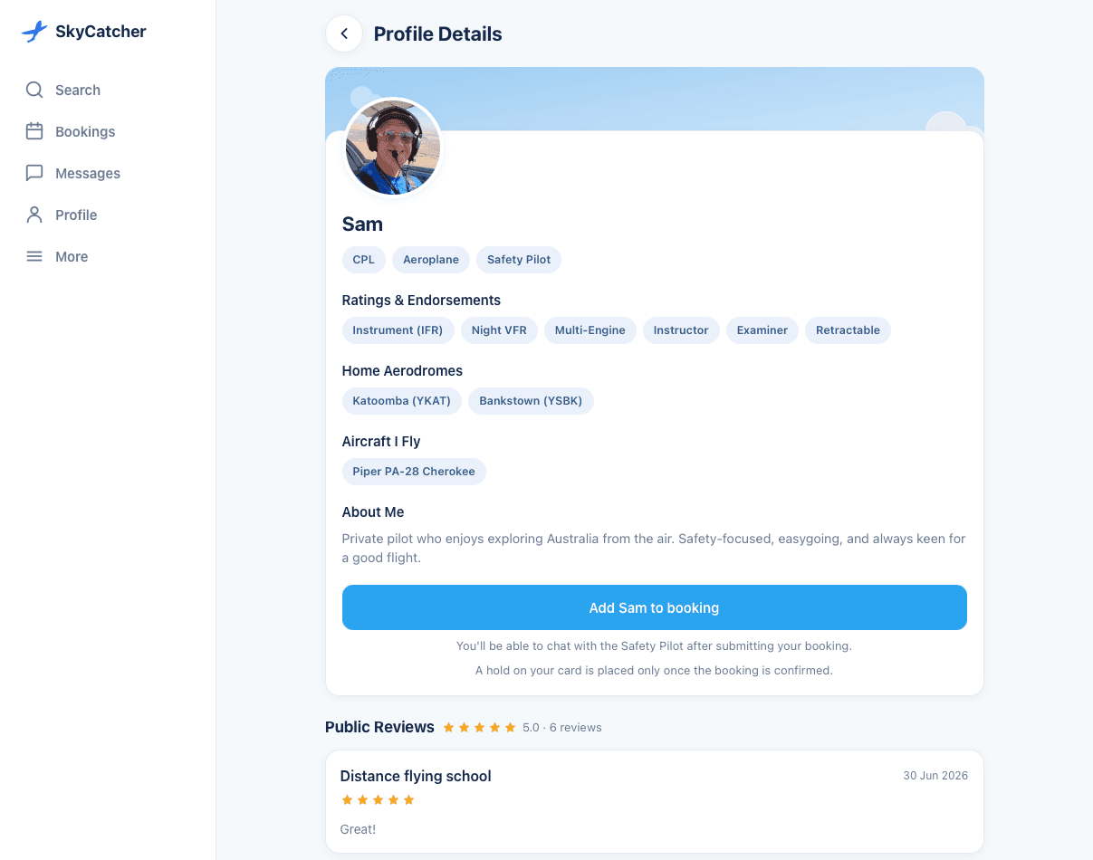A pilot profile on SkyCatcher desktop
